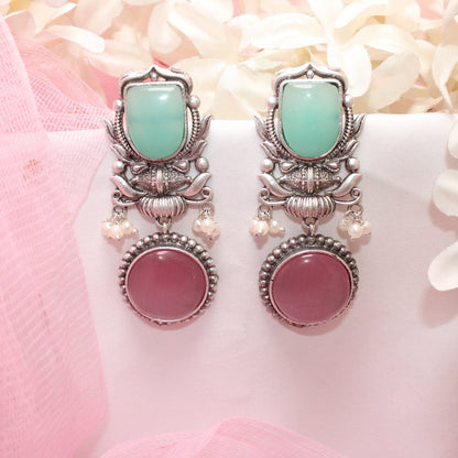 GULDASTA TWO STONE DANGLER EARRING-TURQUOISE & PINK -EARRING