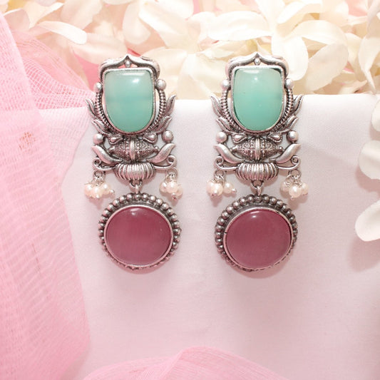 GULDASTA TWO STONE DANGLER EARRING-TURQUOISE & PINK -EARRING