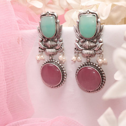 GULDASTA TWO STONE DANGLER EARRING-TURQUOISE & PINK -EARRING