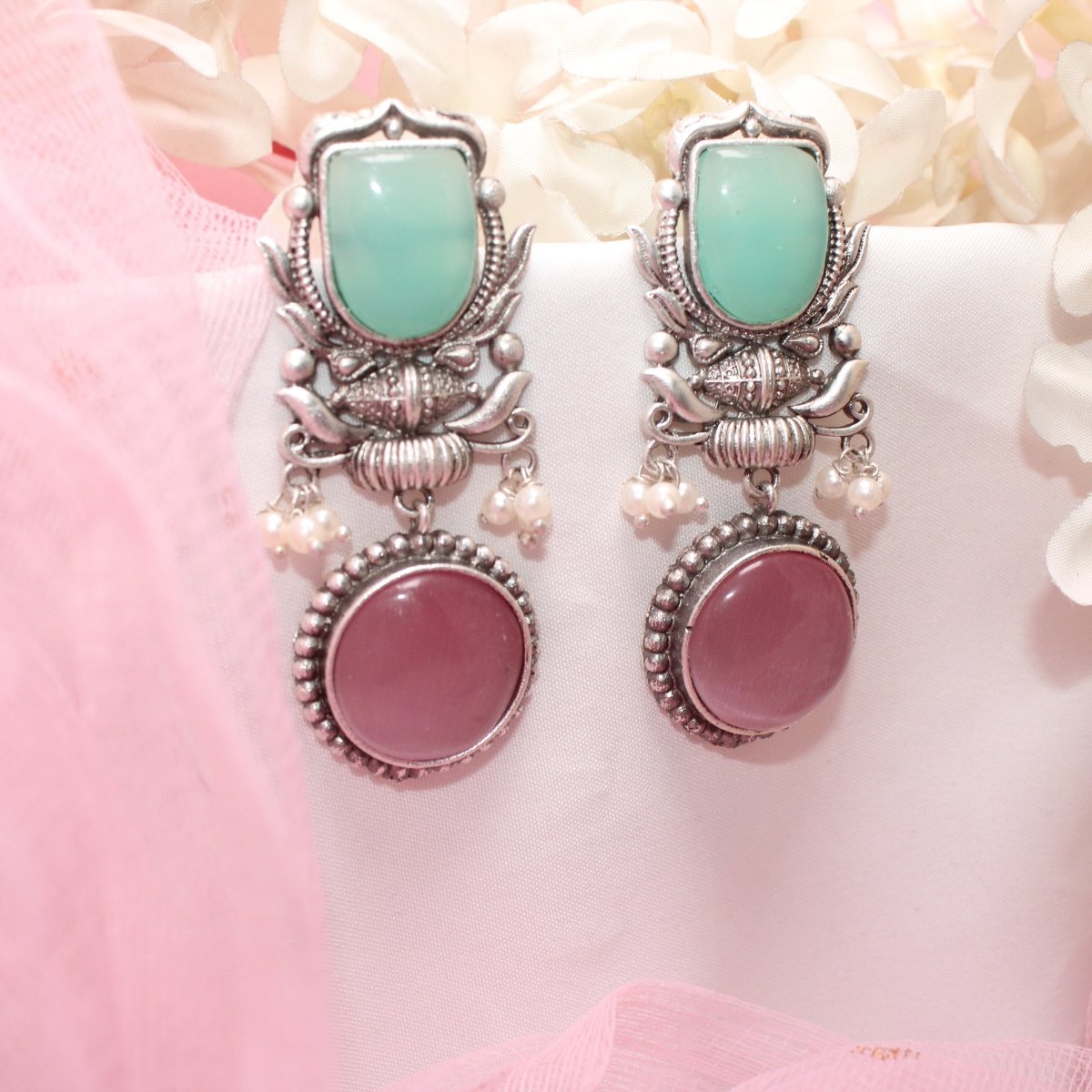 GULDASTA TWO STONE DANGLER EARRING-TURQUOISE & PINK -EARRING