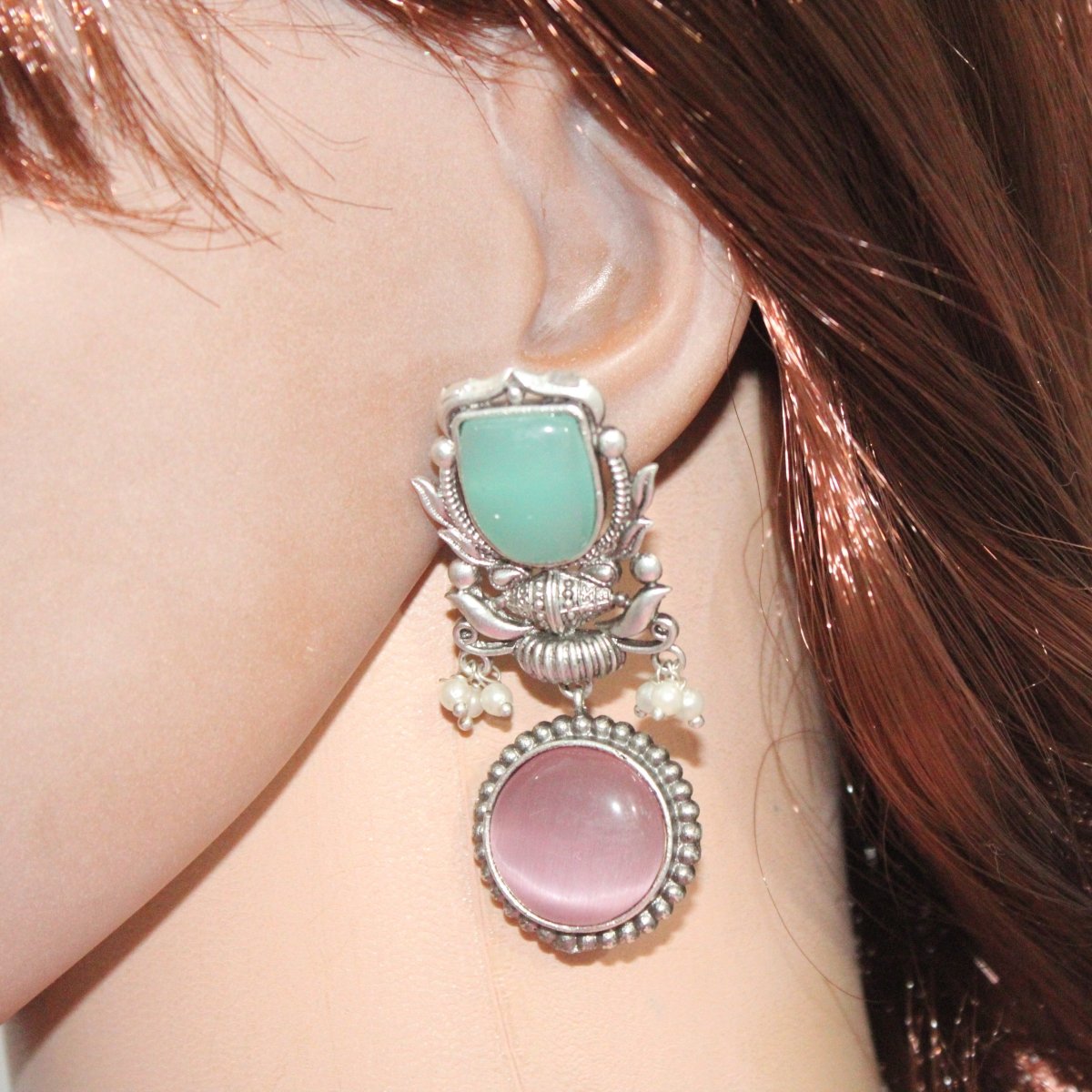 GULDASTA TWO STONE DANGLER EARRING-TURQUOISE & PINK -EARRING