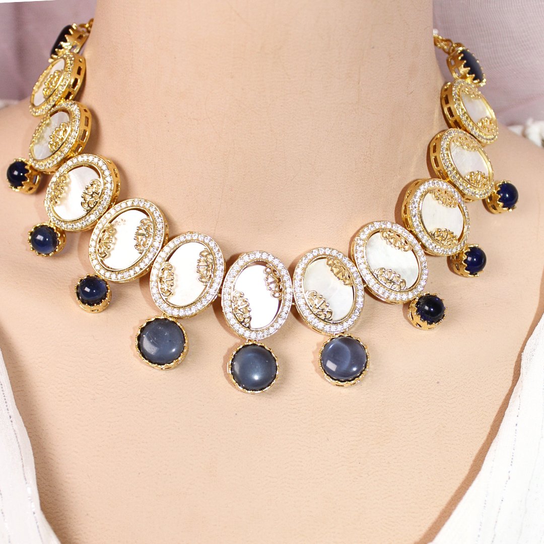 GULMOHAR - MOTHER OF PEARL STONE NECKLACE SET - BLUE - Necklaces