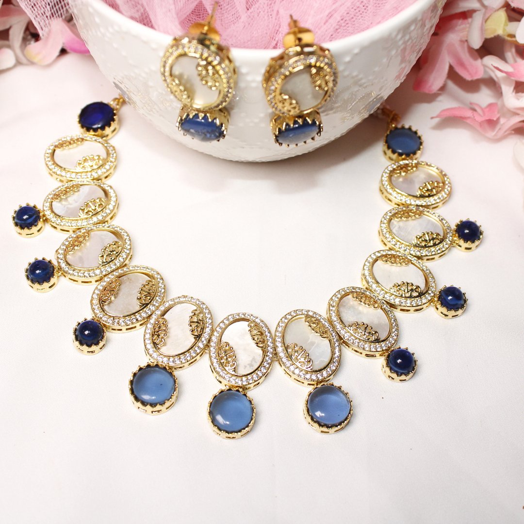 GULMOHAR - MOTHER OF PEARL STONE NECKLACE SET - BLUE - Necklaces