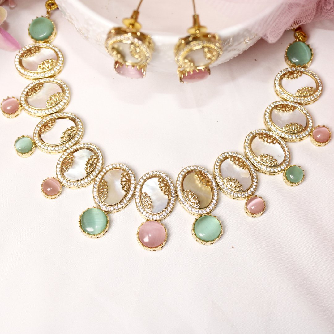 GULMOHAR - MOTHER OF PEARL STONE NECKLACE SET - MAUVE & MINT - Necklaces