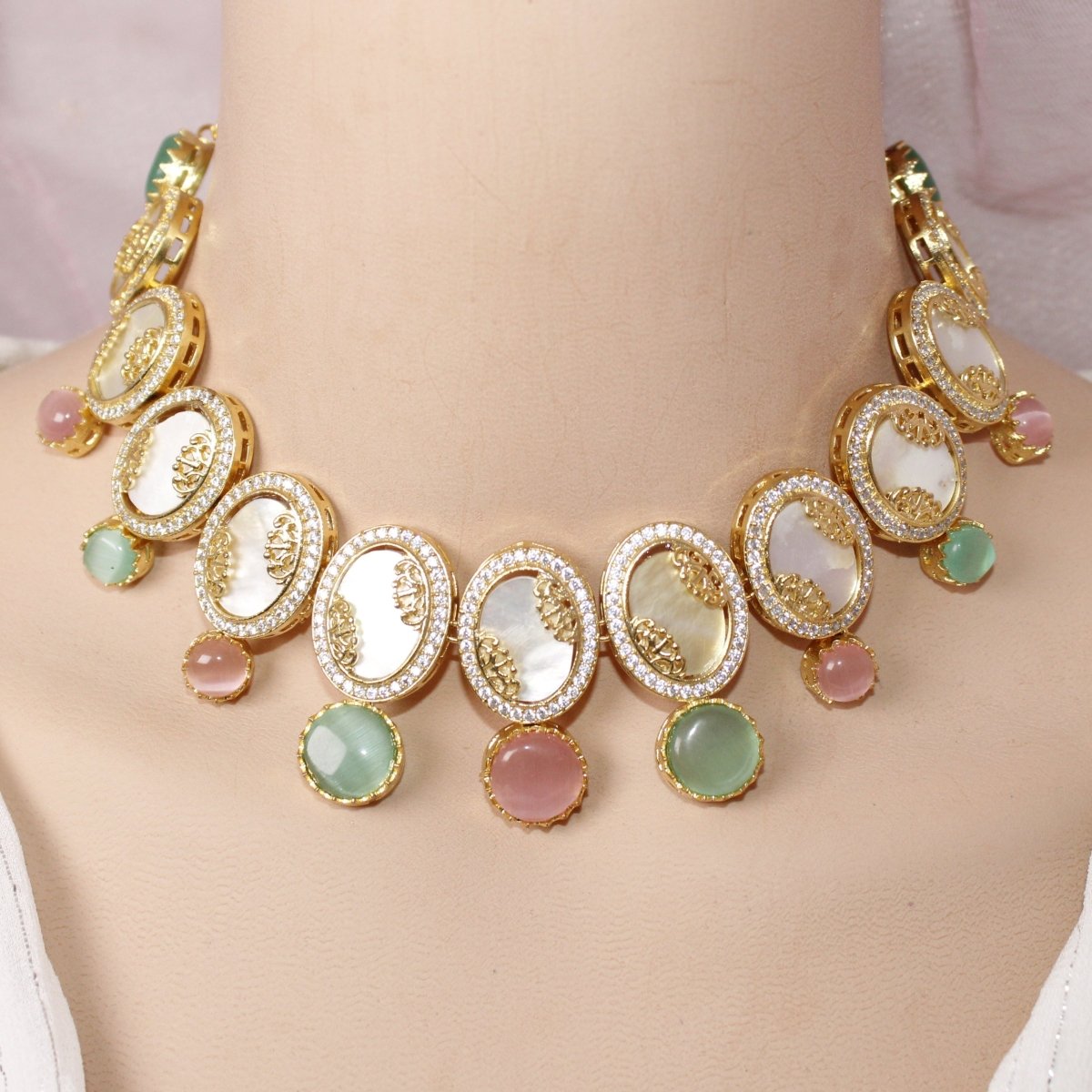 GULMOHAR - MOTHER OF PEARL STONE NECKLACE SET - MAUVE & MINT - Necklaces