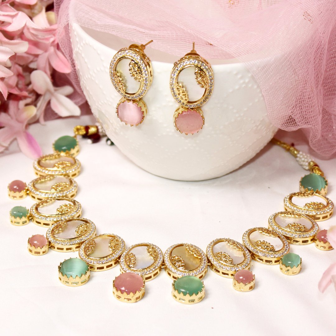 GULMOHAR - MOTHER OF PEARL STONE NECKLACE SET - MAUVE & MINT - Necklaces