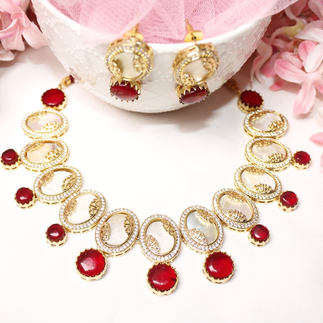 GULMOHAR - MOTHER OF PEARL STONE NECKLACE SET - RED - Necklaces