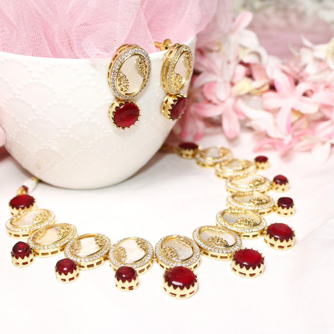 GULMOHAR - MOTHER OF PEARL STONE NECKLACE SET - RED - Necklaces