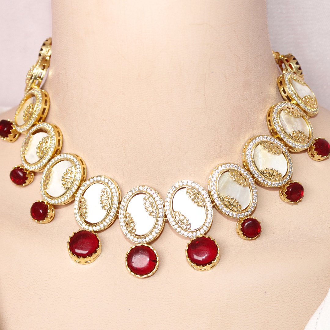 GULMOHAR - MOTHER OF PEARL STONE NECKLACE SET - RED - Necklaces