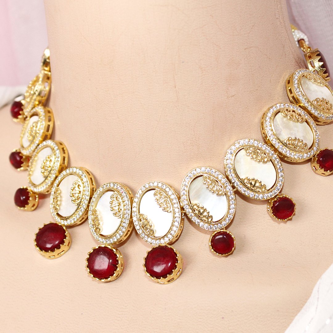 GULMOHAR - MOTHER OF PEARL STONE NECKLACE SET - RED - Necklaces