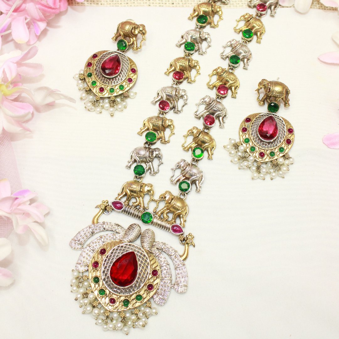 HAATHI PAIR DUAL TONE LONG HAAR - RED & GREEN - Necklaces