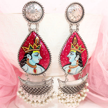 HANDPAINTED BIG JHUMKA - ORANGE PINK & BLUE - EARRING