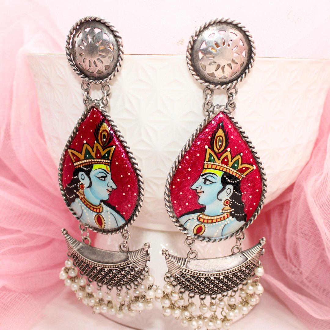 HANDPAINTED BIG JHUMKA - ORANGE PINK & BLUE - EARRING