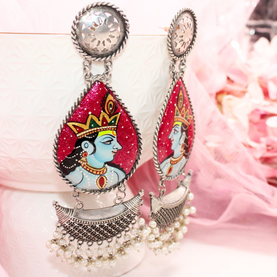 HANDPAINTED BIG JHUMKA - ORANGE PINK & BLUE - EARRING