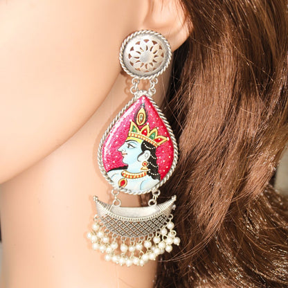 HANDPAINTED BIG JHUMKA - ORANGE PINK & BLUE - EARRING