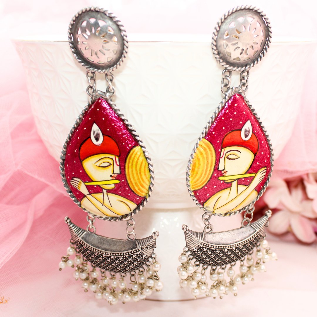 HANDPAINTED BIG JHUMKA - PINK KRISHNA - EARRING