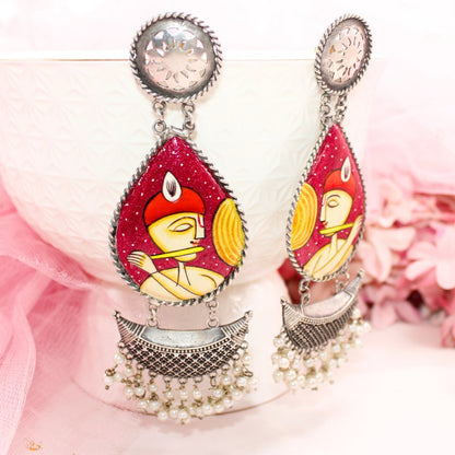 HANDPAINTED BIG JHUMKA - PINK KRISHNA - EARRING