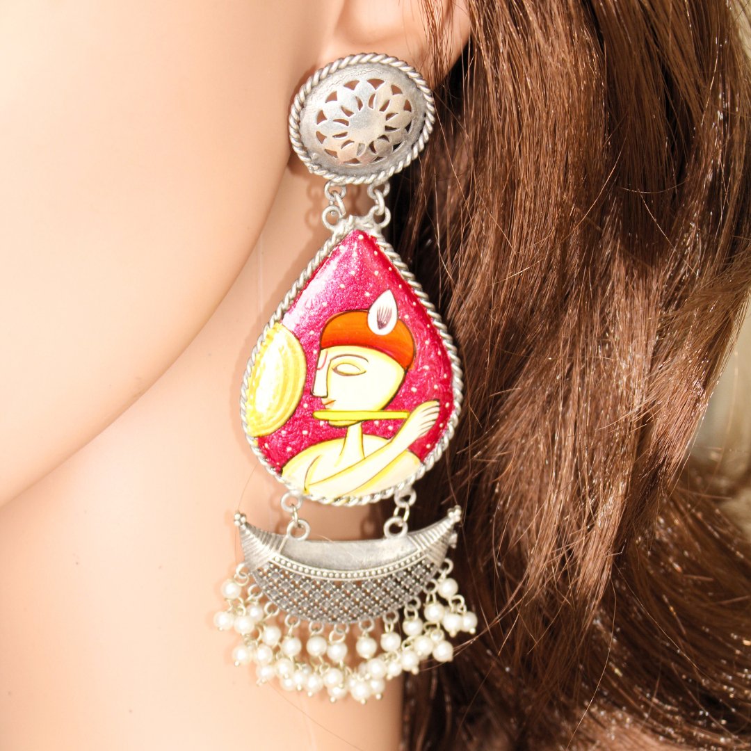 HANDPAINTED BIG JHUMKA - PINK KRISHNA - EARRING