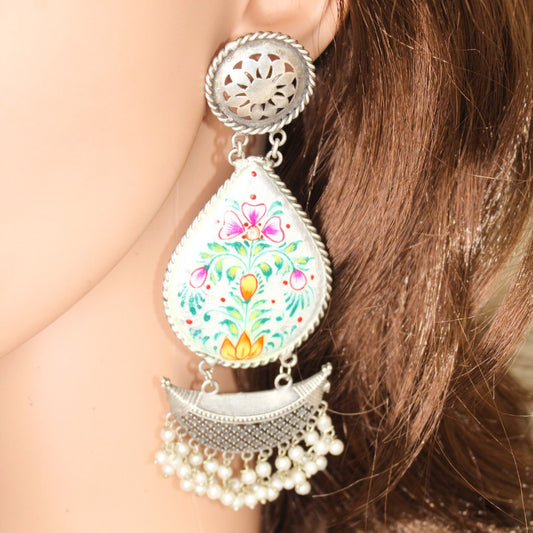 HANDPAINTED BIG JHUMKA - WHITE FLOWER - EARRING