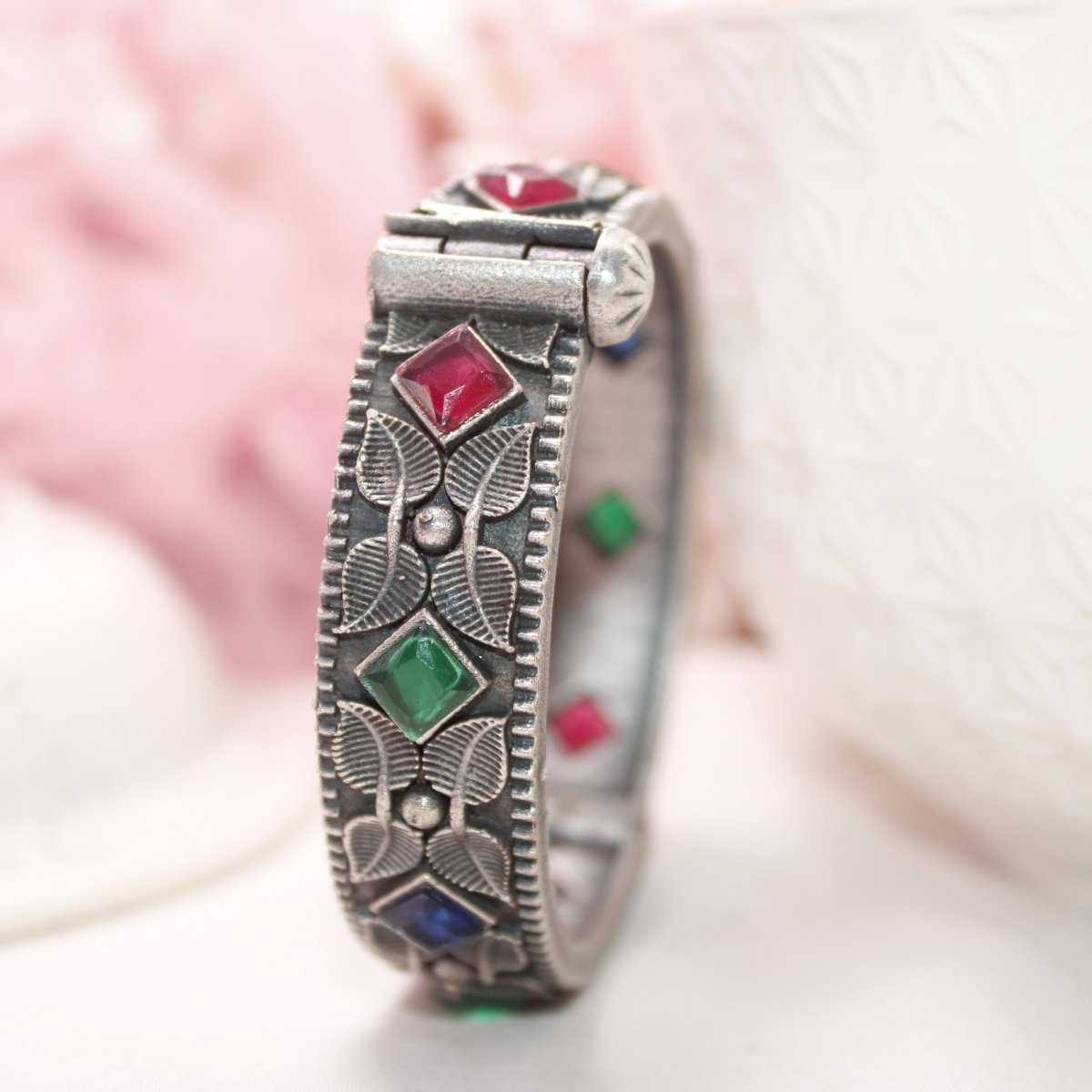 KALI - OXIDISED SILVER LOOK ALIKE KADA - RED GREEN BLUE - kada