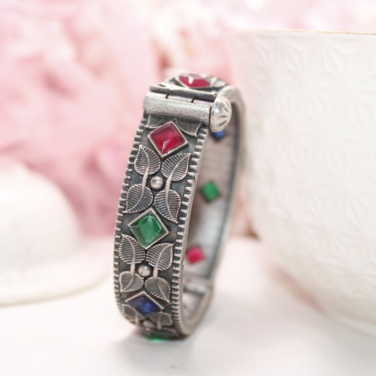 KALI - OXIDISED SILVER LOOK ALIKE KADA - RED GREEN BLUE - kada