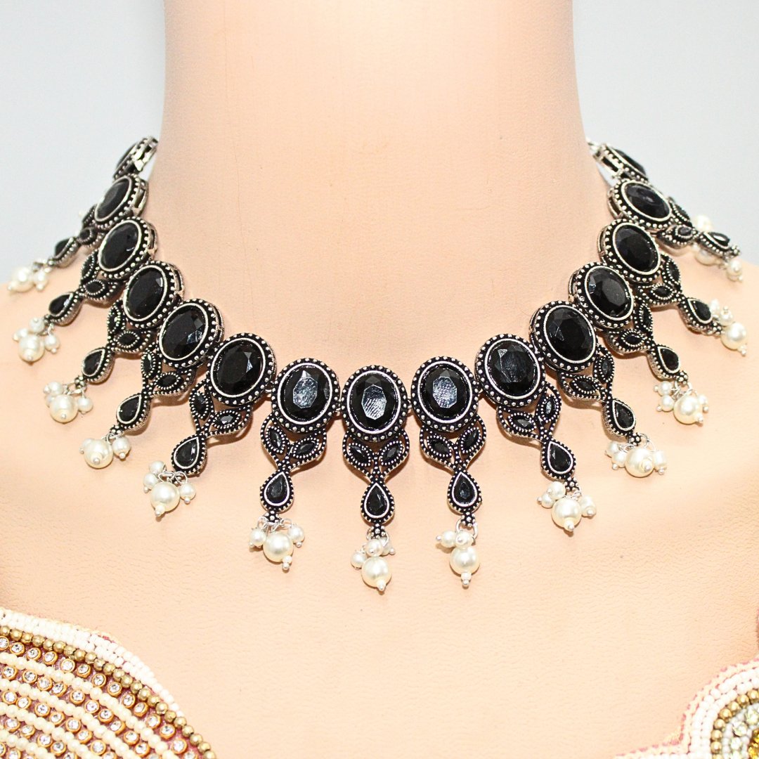 KALKI CRYSTAL NECKLACE SET-BLACK -Necklaces