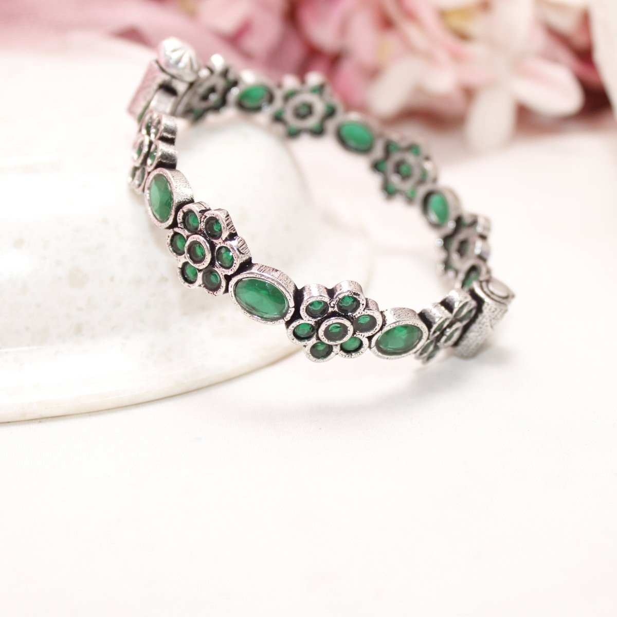 KALKI - OXIDISED SILVER LOOK ALIKE KADA - GREEN - kada