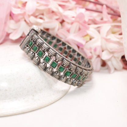 KASTURI - OXIDISED SILVER LOOK ALIKE KADA - GREEN - kada