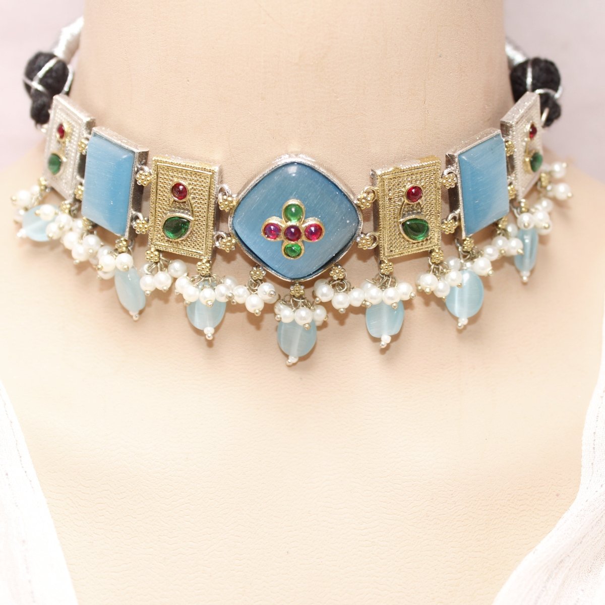 KHANAK STONE & DUAL - TONE CHOKER NECKLACE - BLUE - Necklaces