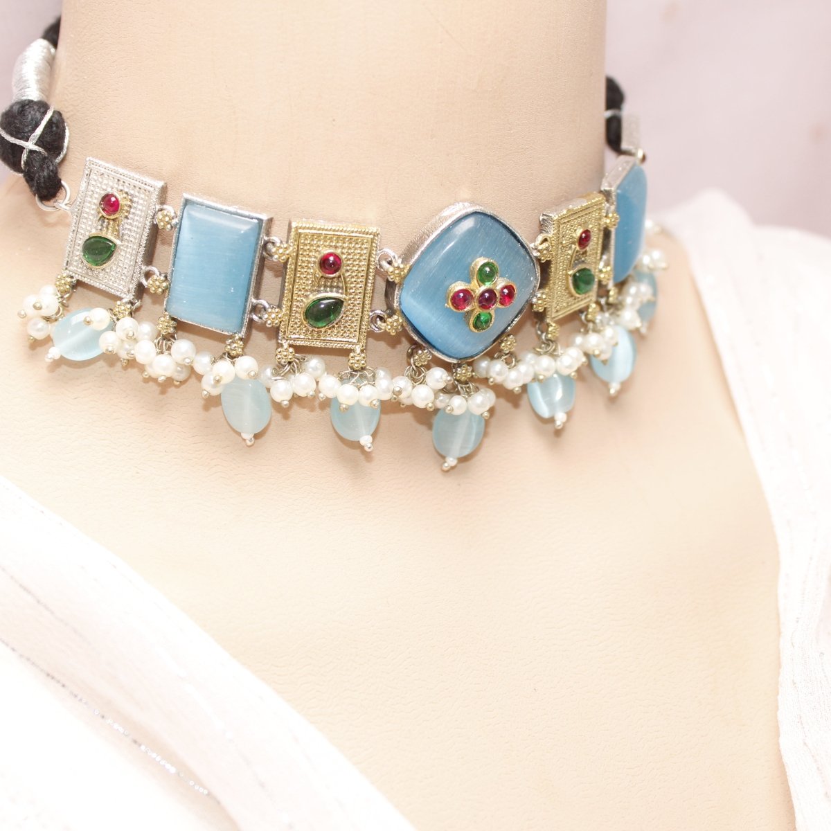 KHANAK STONE & DUAL - TONE CHOKER NECKLACE - BLUE - Necklaces