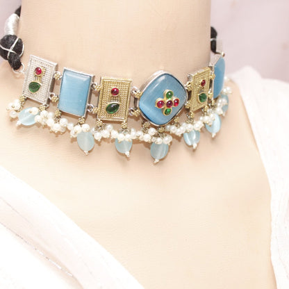 KHANAK STONE & DUAL - TONE CHOKER NECKLACE - BLUE - Necklaces