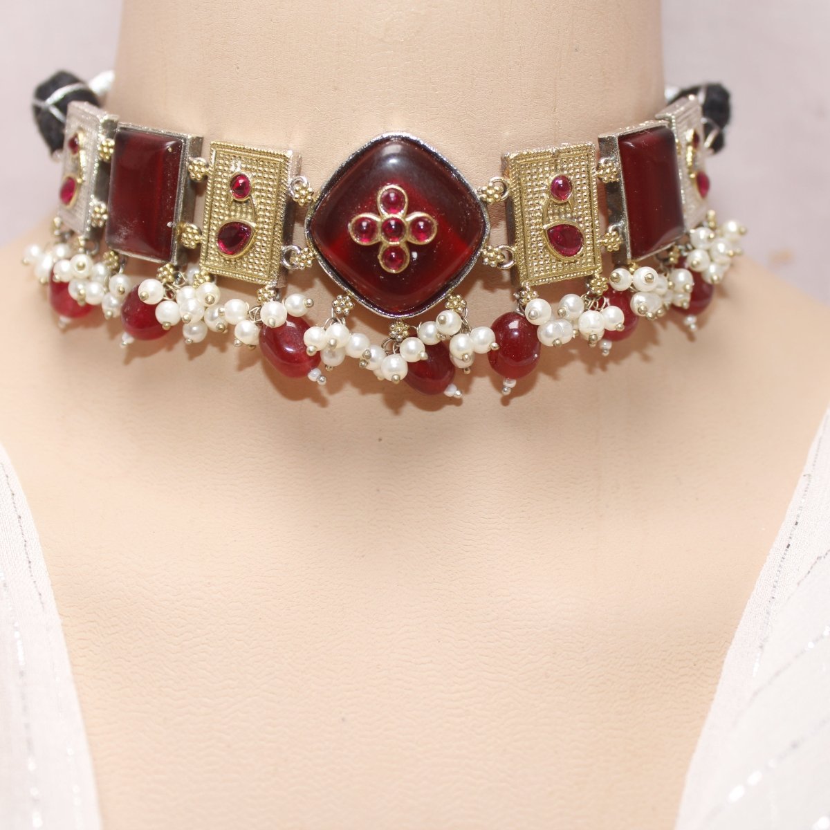 KHANAK STONE & DUAL - TONE CHOKER NECKLACE - MAROON - Necklaces