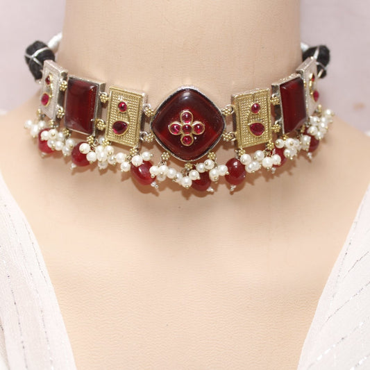 KHANAK STONE & DUAL - TONE CHOKER NECKLACE - MAROON - Necklaces