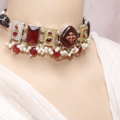 KHANAK STONE & DUAL - TONE CHOKER NECKLACE - MAROON - Necklaces