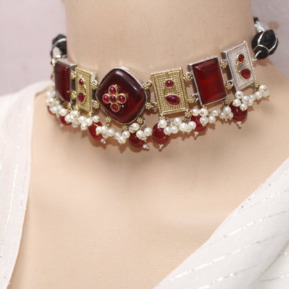 KHANAK STONE & DUAL - TONE CHOKER NECKLACE - MAROON - Necklaces