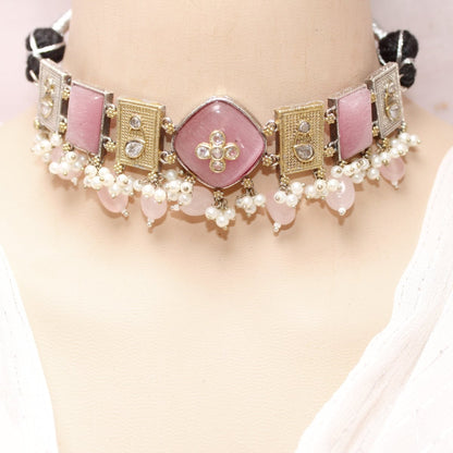 KHANAK STONE & DUAL - TONE CHOKER NECKLACE - PINK - Necklaces