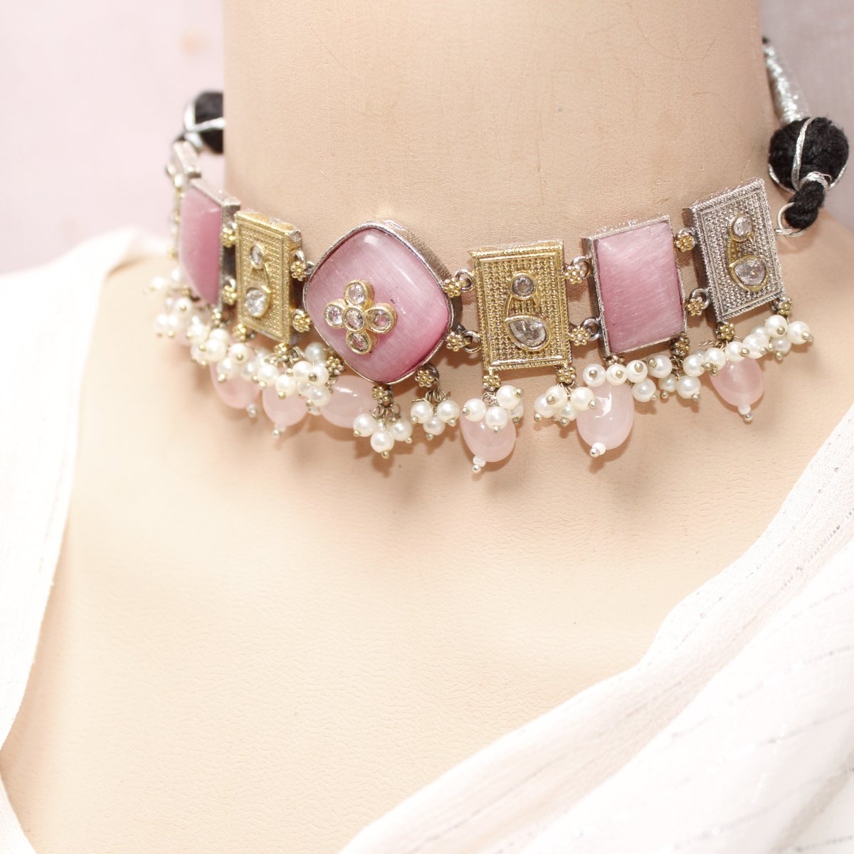 KHANAK STONE & DUAL - TONE CHOKER NECKLACE - PINK - Necklaces