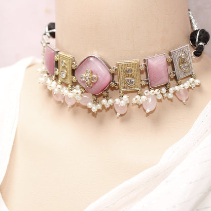 KHANAK STONE & DUAL - TONE CHOKER NECKLACE - PINK - Necklaces