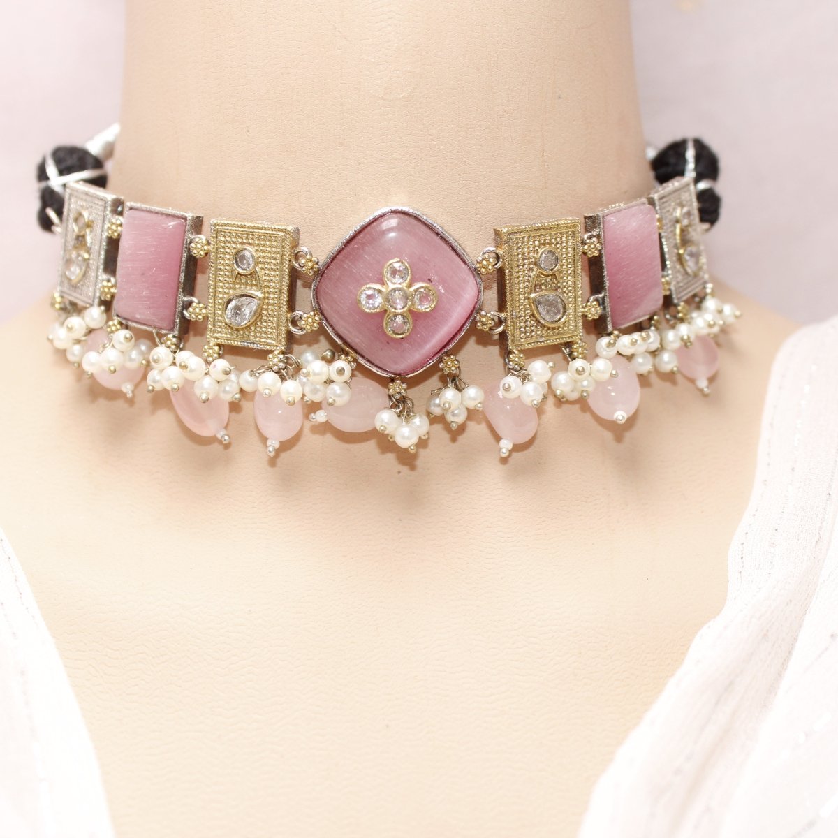 KHANAK STONE & DUAL - TONE CHOKER NECKLACE - PINK - Necklaces