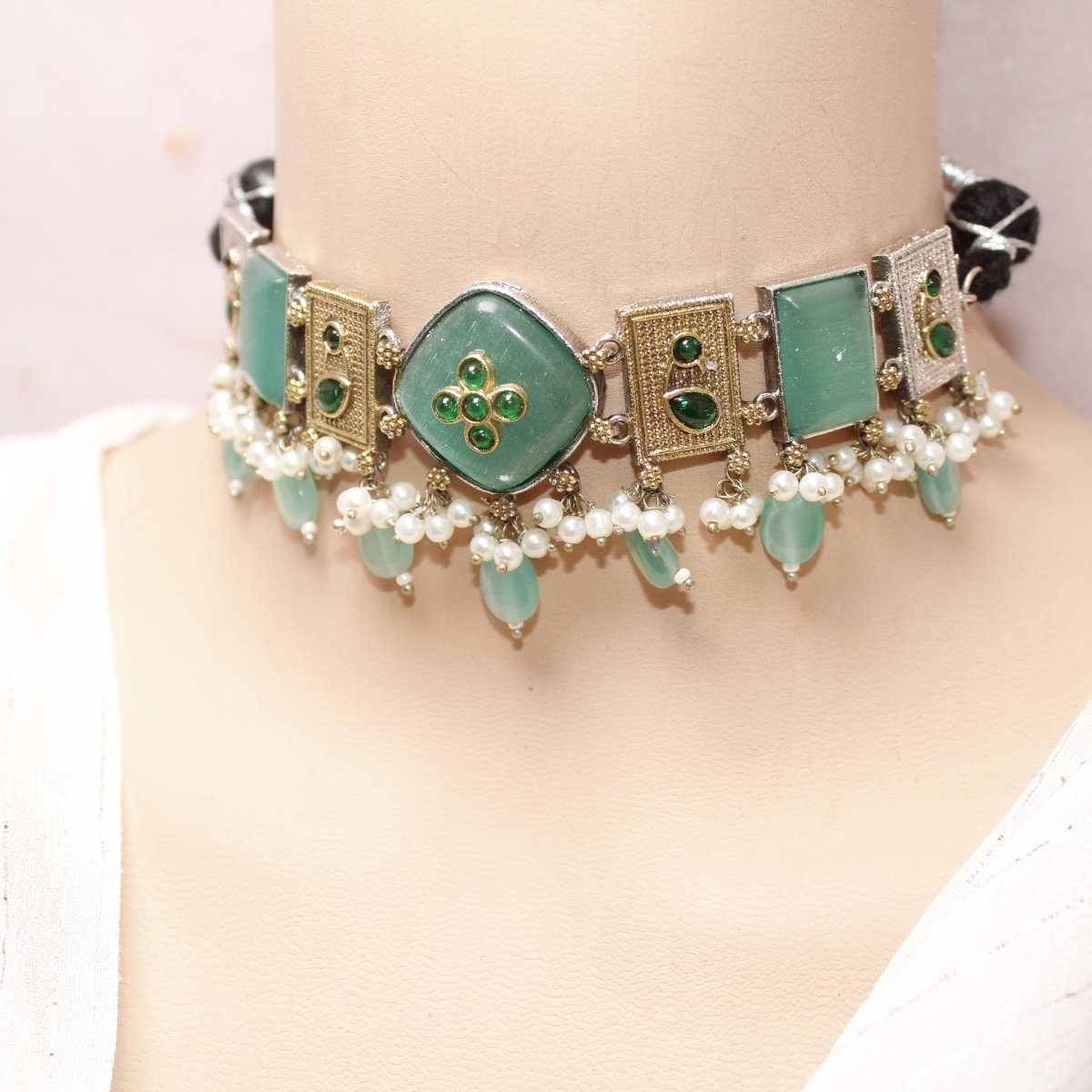 KHANAK STONE & DUAL - TONE CHOKER NECKLACE - TURQUOISE - Necklaces