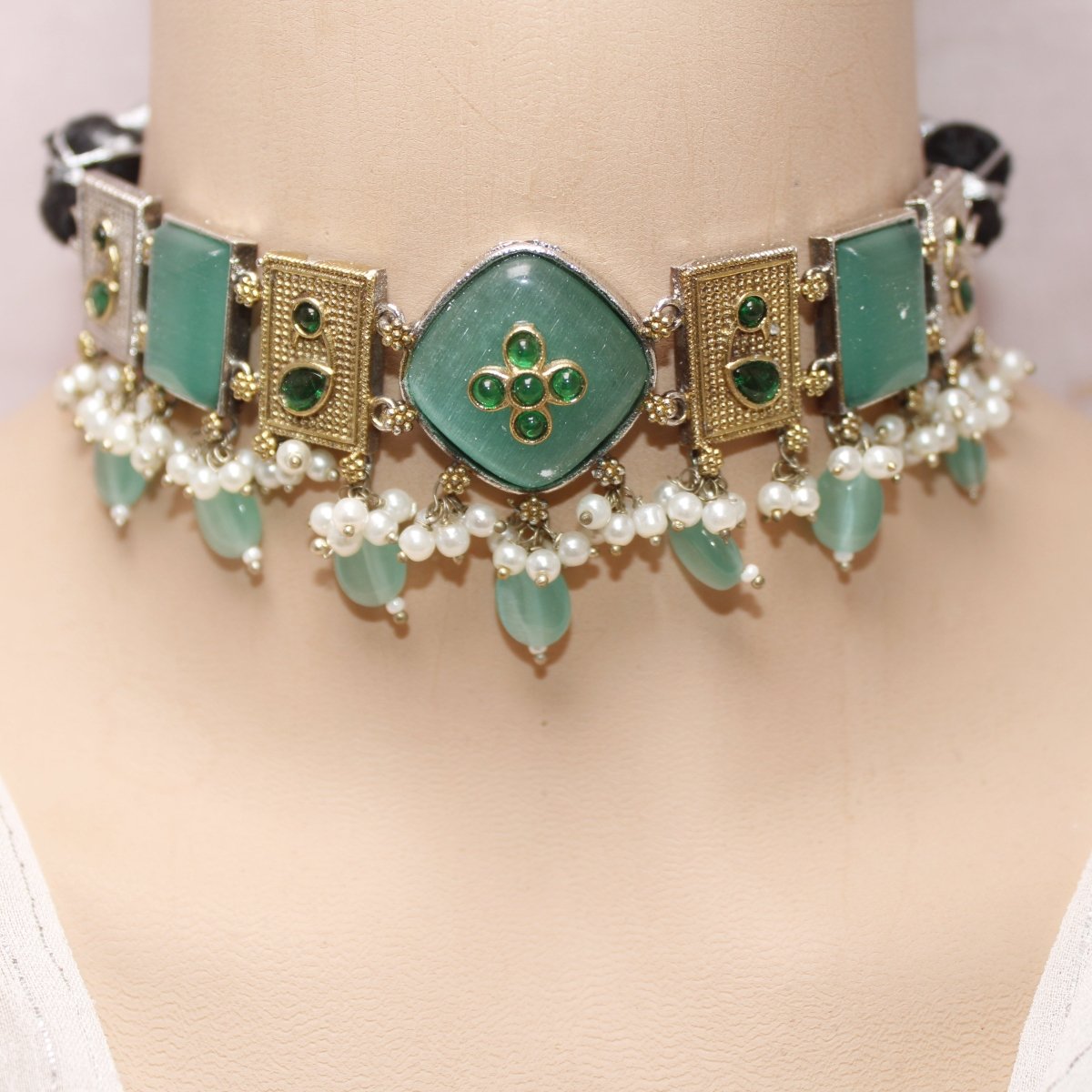 KHANAK STONE & DUAL - TONE CHOKER NECKLACE - TURQUOISE - Necklaces