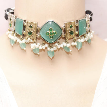 KHANAK STONE & DUAL - TONE CHOKER NECKLACE - TURQUOISE - Necklaces