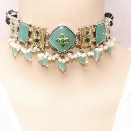 KHANAK STONE & DUAL - TONE CHOKER NECKLACE - TURQUOISE - Necklaces