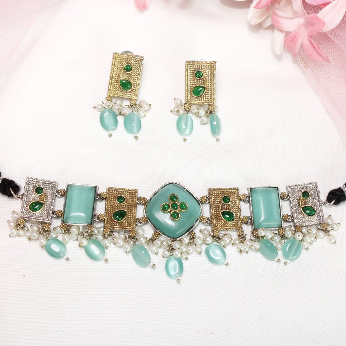 KHANAK STONE & DUAL - TONE CHOKER NECKLACE - TURQUOISE - Necklaces