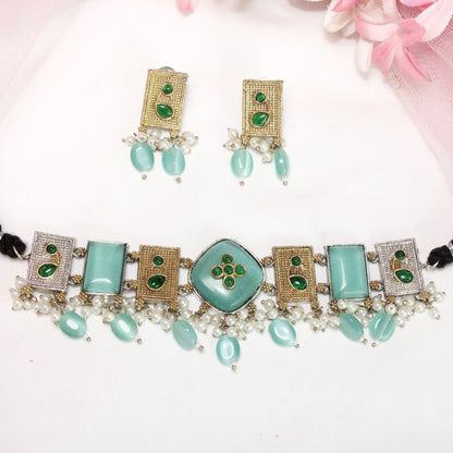 KHANAK STONE & DUAL - TONE CHOKER NECKLACE - TURQUOISE - Necklaces