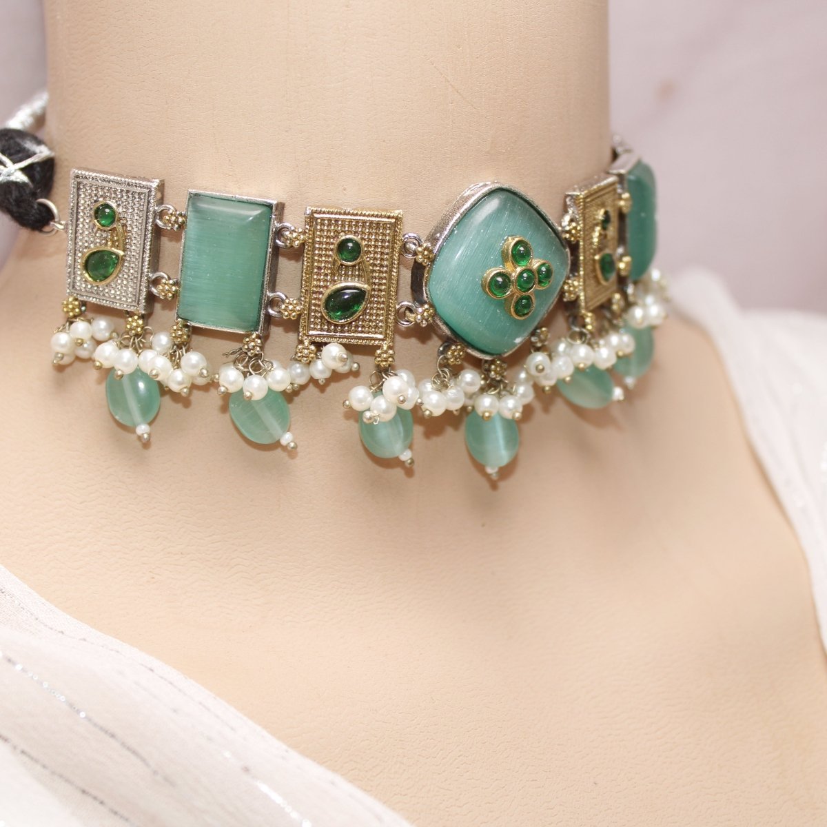 KHANAK STONE & DUAL - TONE CHOKER NECKLACE - TURQUOISE - Necklaces