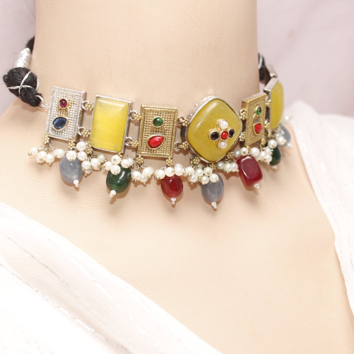 KHANAK STONE & DUAL - TONE CHOKER NECKLACE - YELLOW & GREY - Necklaces