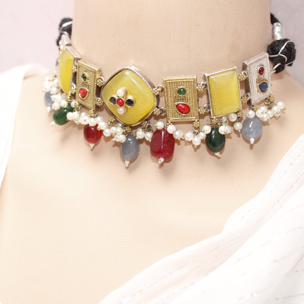 KHANAK STONE & DUAL - TONE CHOKER NECKLACE - YELLOW & GREY - Necklaces