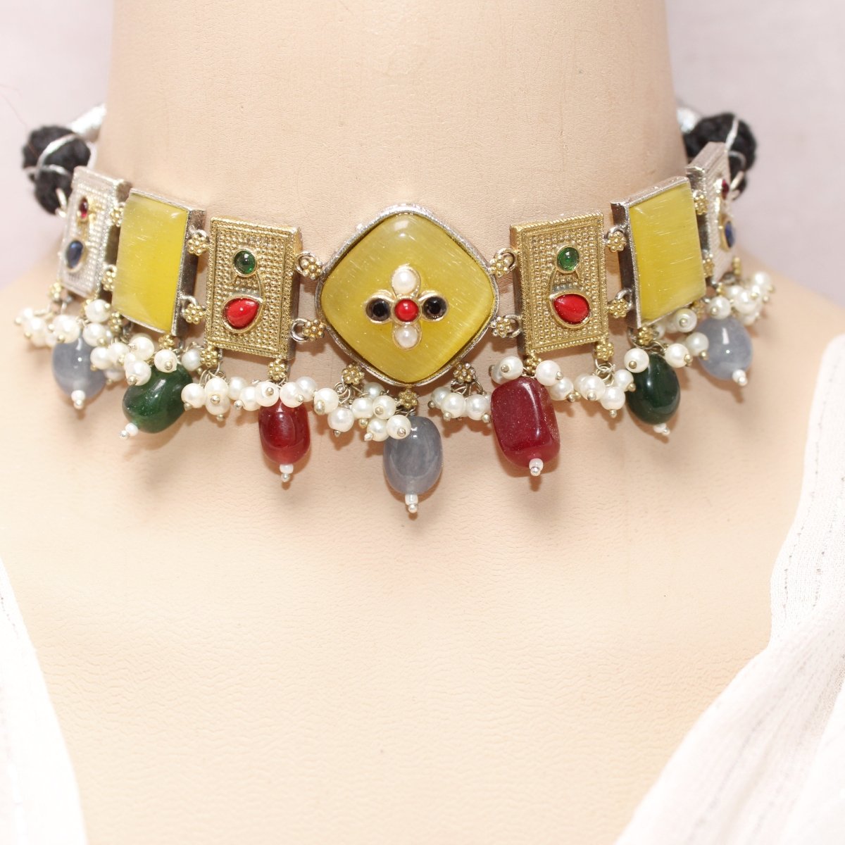 KHANAK STONE & DUAL - TONE CHOKER NECKLACE - YELLOW & GREY - Necklaces