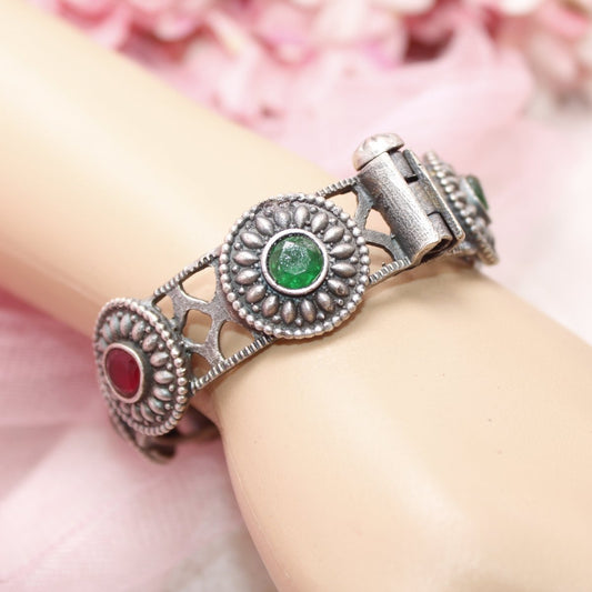 KISHA - OXIDISED SILVER LOOK ALIKE KADA - RED & GREEN - kada